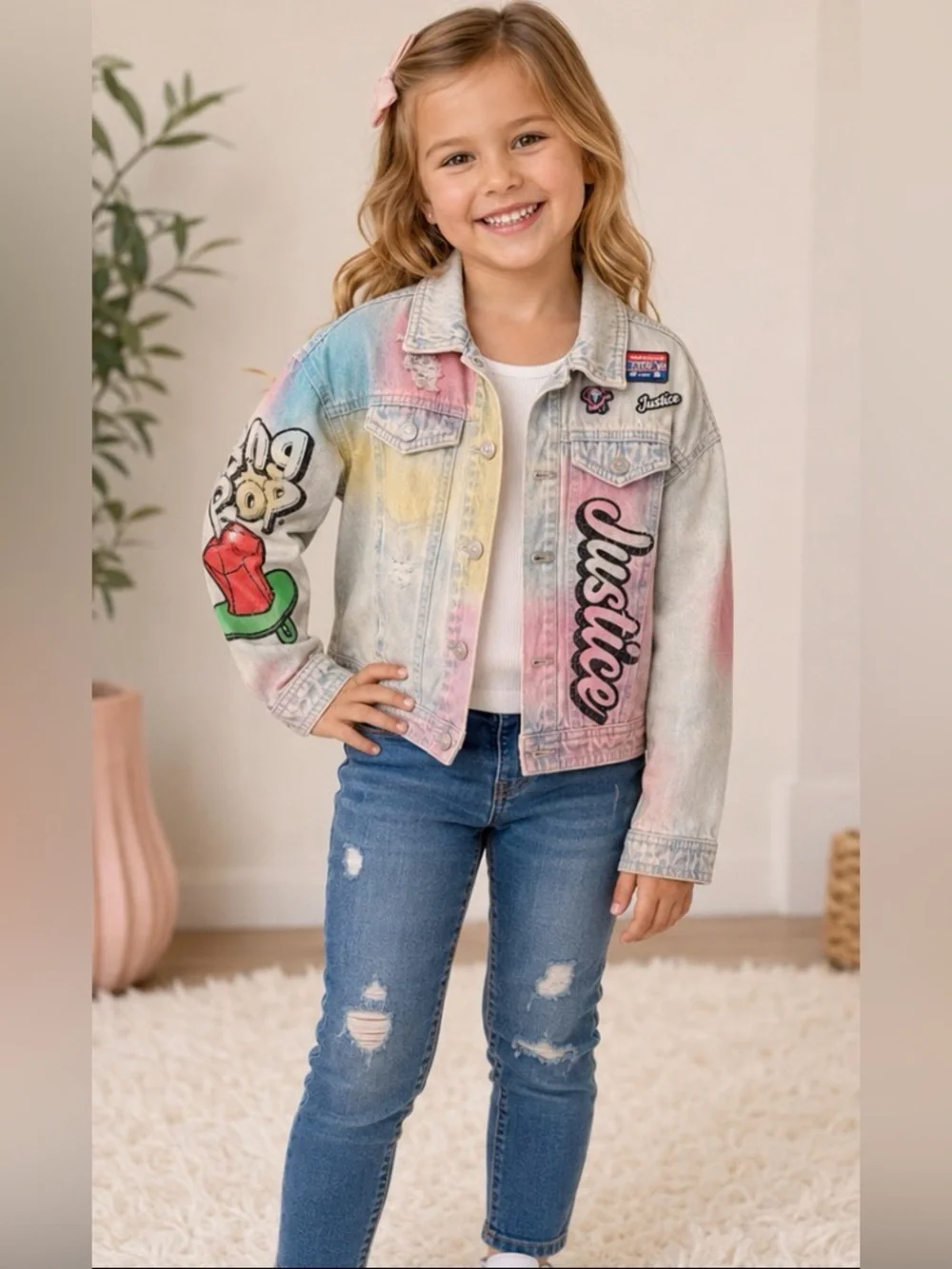 Justice x Bazooka x Ring Pop Denim Jacket Girls XS (5/6) Pastel Tie Dye